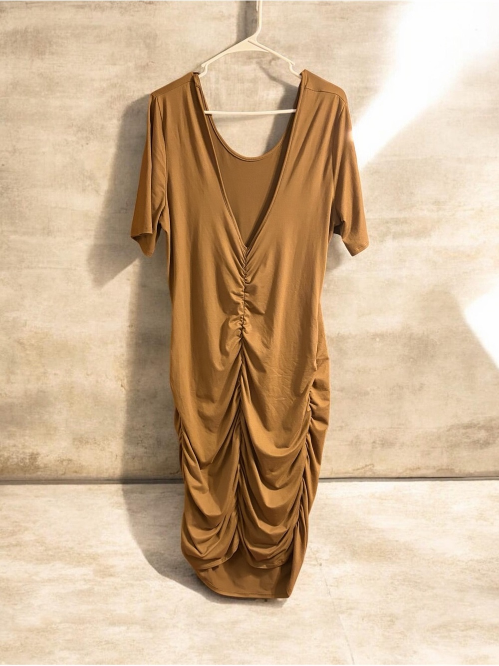 Gathered V-Neck Midi Dress in Caramel Tan